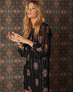 Vestido Ateen Preto Fios Dourados Seda Estampa