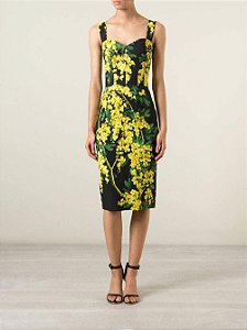 Vestido Dolce Gabbana Preto e Amarelo Crepe Floral