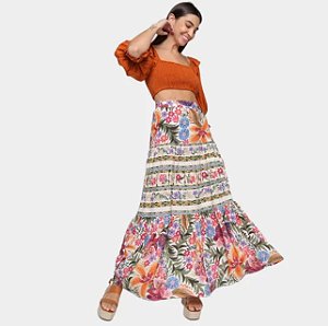 Saia Longa Farm Estampada Modelo Bordadeira