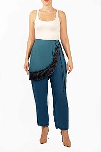 Calça Lilly Sarti Azul Petróleo Seda Franjas