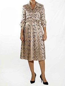 Vestido Mango Bege e Preto Seda Plissado
