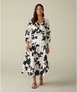 Conjunto Souq Blusa + Saia Estampa Preta e Branca Floral