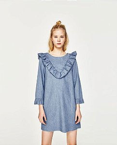 Vestido Zara Azul Jeans Babados Manga Comprida
