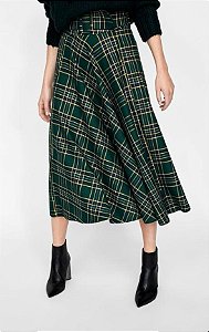Saia Zara Verde Musgo Quadriculada com Cinto Midi