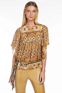 Blusa Animale Estampa Geométrica Seda Babados