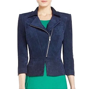 Jaqueta Curta Brooksfield Azul Marinho Zíper Prata Camurça