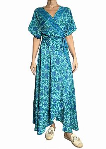 Vestido Saída de Praia Azul Floral Seda Indiana Longo Envelope
