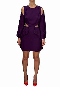 Vestido Curto Paula Raia Manga Longa Roxo Seda