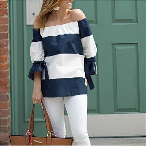 Blusa Zara Ombro a Ombro Listras Azul Marinho e Branco