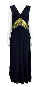 Vestido Longo Daslu Preto Seda Paetês Dourados Cintura