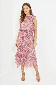 Vestido Ateen Roxo e Rosa Estampa Flores Fios Dourados