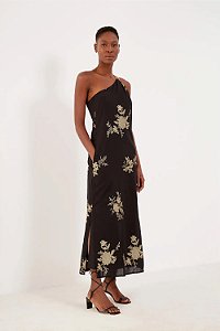Vestido Longo Sacada Um Ombro Preto Bordado