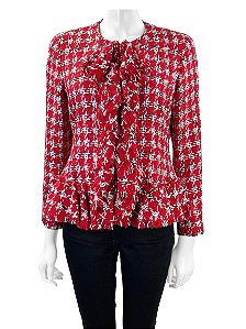 Casaqueto Carolina Herrera Linha Vermelho, Branco e Preto Babado Vertical