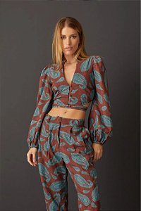 Blusa Iorane Modelo Susie Estampa Paisley Marrom e Azul