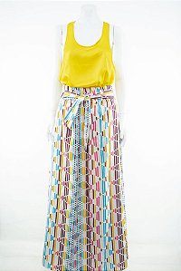 Saia Mixed Branca Estampada Longa com Cinto Faixa