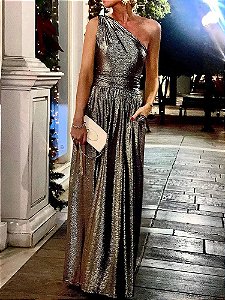 Vestido Bhava Um Ombro Prata Longo