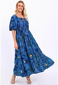 Vestido Farm Azul Estampado Modelo Ciganinha