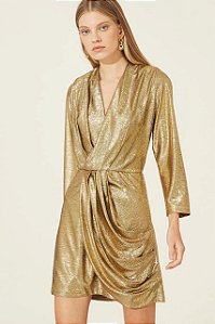 Vestido Amíssima Dourado Curto Mangas Longas