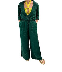 Conjunto Verde Escuro Zara Calça e Camisa Linho