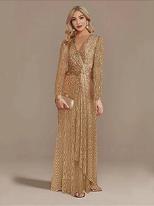 Vestido Bhava Dourado Paetês Manga Longa