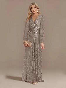 Vestido Bhava Prata Paetês Manga Longa