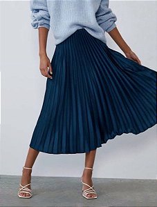 Saia Midi Zara Azul Marinho Plissada