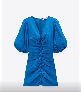 Vestido Zara Azul Curto Mangas Franzido