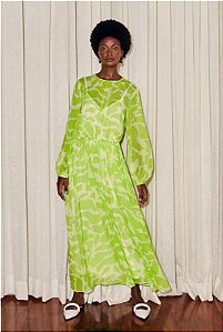 Vestido Andrea Marques Longo Manga Comprida Estampa Verde e Branco Seda