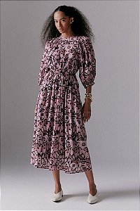 Vestido Andrea Marques Midi Manga Média Algodão Estampa Alma Rosada