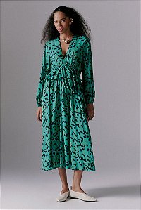 Vestido Andrea Marques Modelo Midi Manga Média Algodão Estampa Devaneio Verde