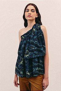Blusa Andrea Marques Azul Estampada Um Ombro