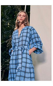 Vestido Andrea Marques Azul Modelo Chemise Algodão Xadrez