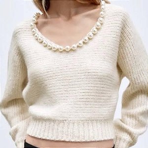 Cropped Zara Offwhite de Tricot com Pérolas na Gola
