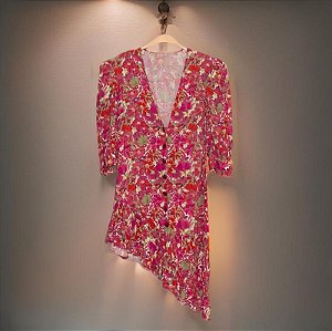 Vestido Adriana Degreas Curto Manga Média Viscose Floral Rosa