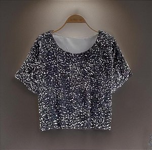 Blusa Bhava Cinza Paetê e Veludo