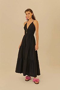 Vestido Farm Modelo Longo Franzido Alcinha Preto Algodão