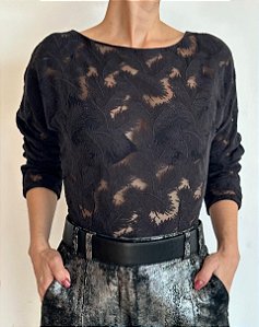 Blusa Cris Barros Manga Longa Renda Estampa Folhas Preto