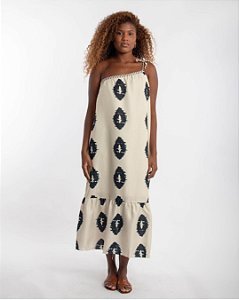 Vestido Bhava Offwhite Um Ombro Estampa Azul Marinho