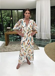 Vestido Mixed Branco Estampado Folhas Coloridas