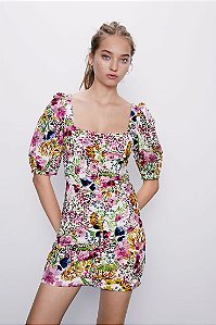 Vestido Zara Estampado Florido Curto Mangas Franzido