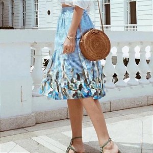Saia Zara Azul - Branca Listrada com Estampa de Flores na Barra