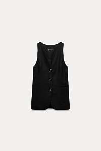 Colete Zara Preto Alongado de Linho