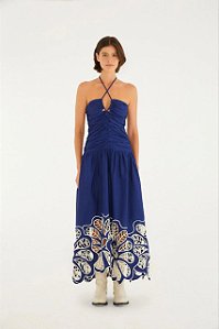 Vestido Farm Azul Bordado Richelieu Branco