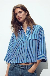 Camisa Zara Azul Listrada Modelo Cropped