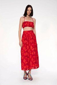 Top Cris Barros Vermelho Floral Modelo Yvanna