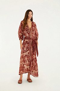 Vestido Longo Farm Vinho Estampado Modelo Haras