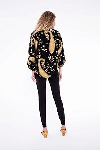 Casaqueto Cris Barros Preto e Dourado Estampado Paisley