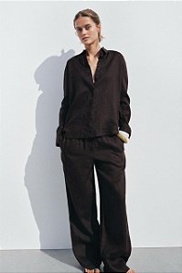 Conjunto Zara Calça + Blusa Marrom Em Linho