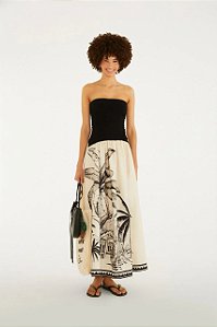 Vestido Farm Preto e Bege Estampado Sem Alças