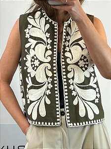 Colete Zara Verde E Branco Bordado